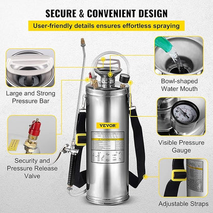 Happybuy 3 Gallon Stainless Steel Sprayer, 20" Wand & 3FT Reinforced Hose, Hand Pump Sprayer with Pressure Gauge, Safety Valve & Adjustable Nozzle, Weed Sprayers for Lawn, Gardening & Sanitizing