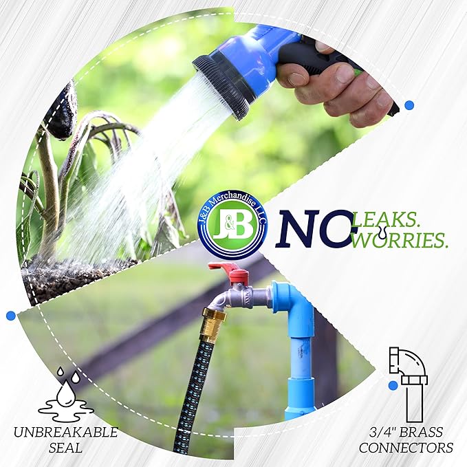 J&B XpandaHose 75ft Expandable Garden Hose with Holder - Heavy Duty Superior Strength 3750D - 4 -Layer Latex Core - Extra Strong Brass Connectors and 10 Spray Nozzle w/Storage Bag (Green 75)