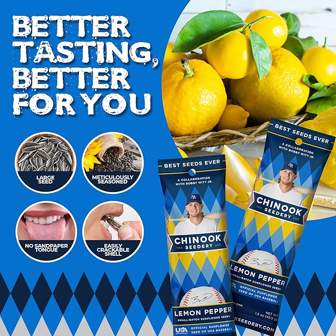 Chinook Seedery Low Sodium Sunflower Seeds – Lemon Pepper Flavor, Pack of 36, 1.5oz – Sunflower Seeds to Eat – Keto, Jumbo, Roasted, Baseball Snacks