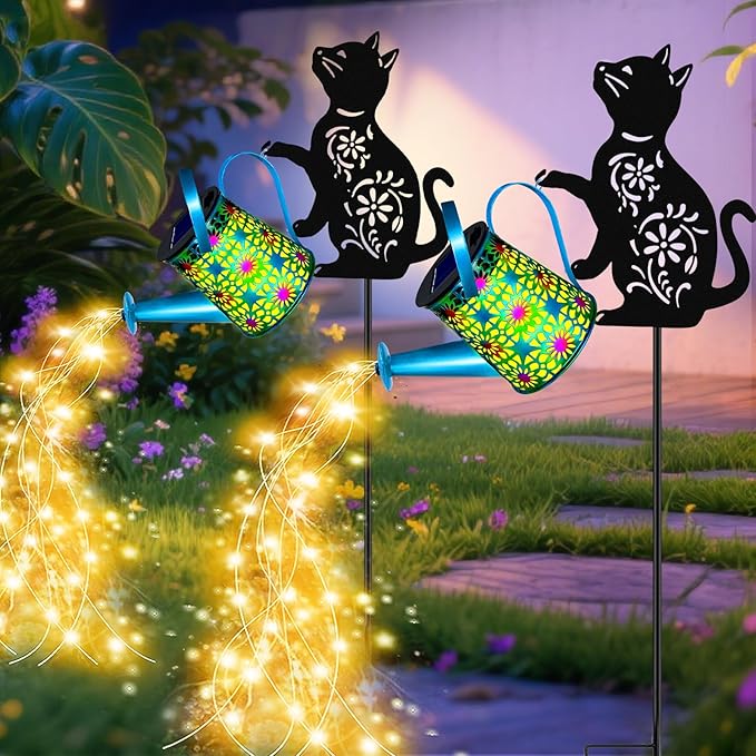 Black Cat Solar Watering Can Lights, Birthday Gifts for Women Mom Christmas, Yard Decorations Outdoor Waterproof, Blue Metal Hanging Lantern Solar Lights Garden Decor Patio Pathway, 2 Pack