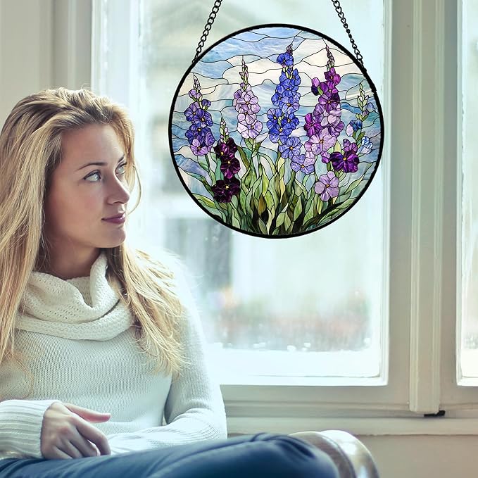 Stained Glass Window Hanging - Blue Purple Delphinium Suncatcher for Door Garden Home Decor Birth Flower Sun Catcher Birthday for Friend Lovers Women Mom Nana 6.3 in