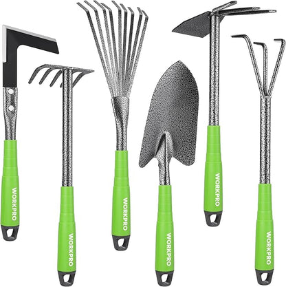 WORKPRO 6-Piece Garden Tool Set, Heavy Duty Gardening Hand Tools with Soft Rubber Handle, Including Trowel, Rakes, 2-in-1 Hoe and Crack Weeder, Ideal Gardening Gifts for Men and Women