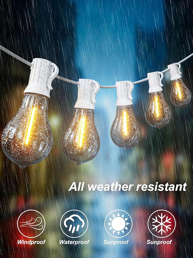 DAMAING Outdoor String Lights 200FT(2x100FT) Waterproof Patio Lights with 105 Plastic Dimmable LED Edison Bulbs,Connectable Outdoor Lighting for Backyard,Garden and Wedding Outside, 2200K White Cord