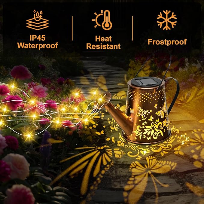 Fohil Solar Watering Can with Lights, Retro Metal Solar Garden Lights Outdoor, Waterproof Hanging Solar Powered Lantern Garden Decorations for Porch Lawn Driveway Backyard Pathway