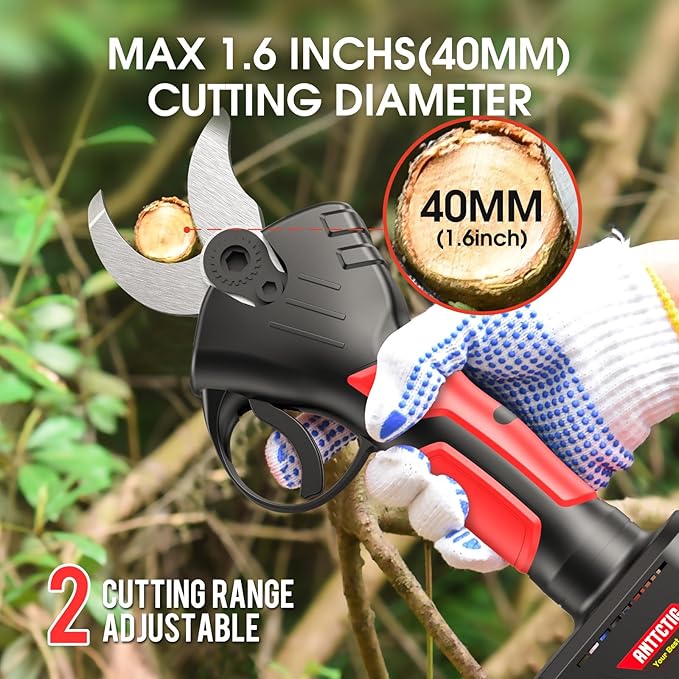 Electric Pruning Shears, 40mm 1.6" Cutting Diameter Cordless Power Pruner for Gardening with 2Pcs 2000mAh Rechargeable Batteries & Replacement Blades Set, Tree Pruner Branch Cutter (Black)