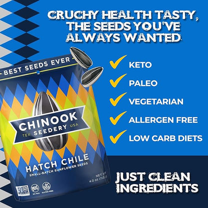 Chinook Seedery Roasted Sunflower Seeds - Jumbo Seeds Keto Snacks - Best For Snack Packs - Gluten Free, Non GMO Snack Food Gifts - 4 Ounce (Pack of 3) - Hatch Chile Flavor Pack