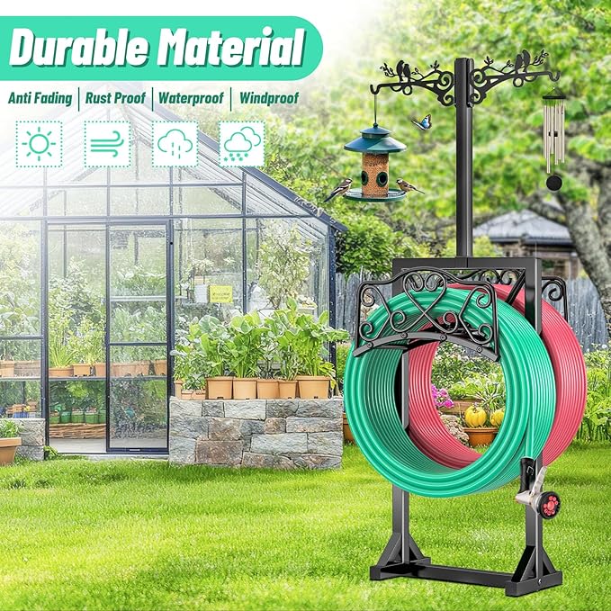 Garden Hose Holder for Outside,Water Hose Holders with 2 Bird Statue Shepherds Hooks & 5 Spikes,Double-Sided Freestanding Hose Stand Heavy Duty Hose Storage Rack for Outdoor Yard Lawn Farm
