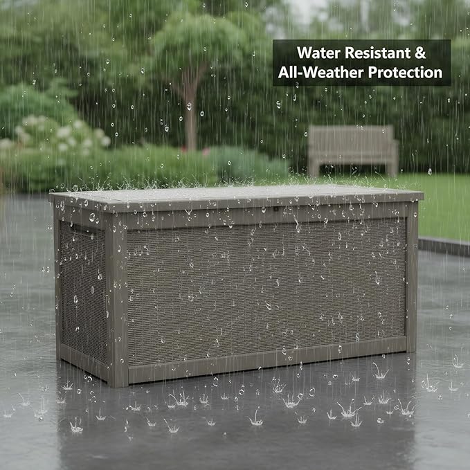 260 Gallon Resin Deck Box, Outdoor Storage Chest with Wood Grain Pattern, All-Weather Waterproof Patio Furniture for Cushions, Garden Tools, Pool Accessories - Easy Assembly, No Tools Needed
