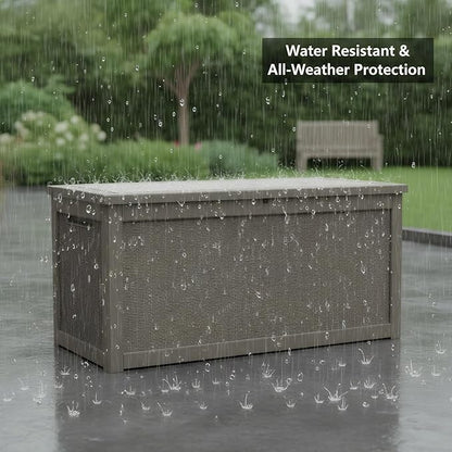 260 Gallon Resin Deck Box, Outdoor Storage Chest with Wood Grain Pattern, All-Weather Waterproof Patio Furniture for Cushions, Garden Tools, Pool Accessories - Easy Assembly, No Tools Needed