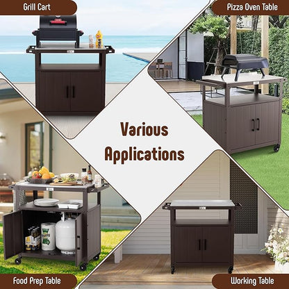 Outdoor Grill Cart with Stainless Steel Tabletop and Storage Cabinet, Movable Kitchen Island with Wheels for BBQ Food Prep, Brown