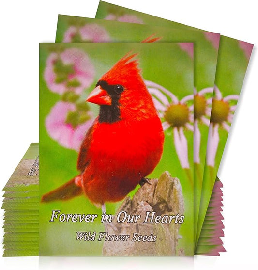 Pack of 20 Pre-Filled Seed Packets Forever in Our Hearts Thoughtful Party Favors for Guests, Funerals, and Memorial Services - Cardinal Wildflower Seed Mix for Year-Round Celebration of Life