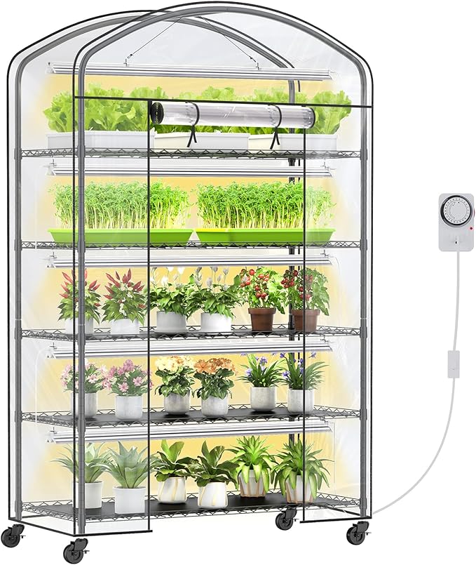 5 Tier Metal Plant Stand with Grow Light & PVC Cover Portable Mini Greenhouse with Shelves Adjustable Small Indoor Green House with Grow Light for Indoor Plants, Seedling Rack 49"x21.6"x79"