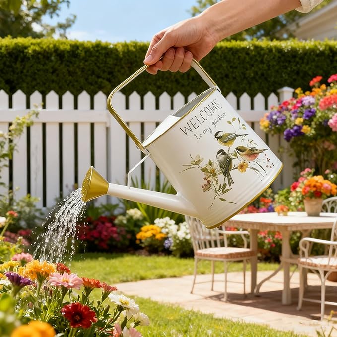 Vintage Decorative Metal Watering Can - Welcome to My Garden with Charming Bird & Floral Design, Rustic Farmhouse Watering Pot Planter for Indoor/Outdoor Plant Care