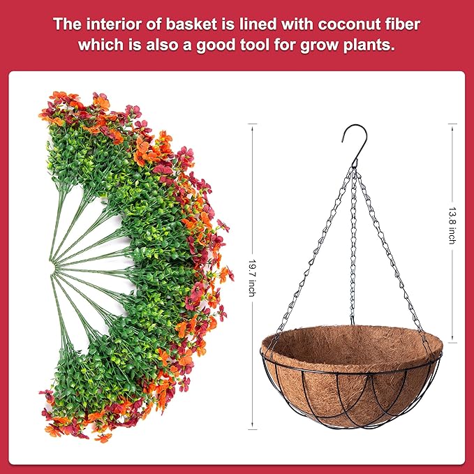 Artificial Silk Flowers Hanging Baskets for Outdoors Indoors, Daisy with Eucalyptus Leaves Arrangement for Garden Yard Decor, Faux Green Plant in Metal Coconut Lining Flowerpot(Orange Brown)