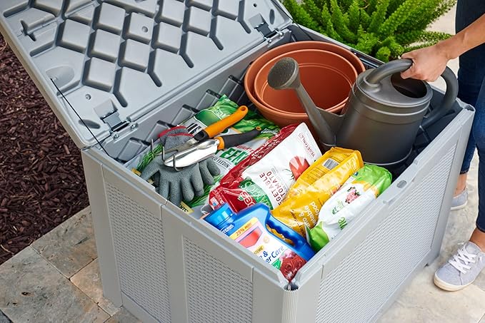 Rubbermaid Medium Resin Outdoor Storage Deck Box (74 Gal) Weather Resistant Gray Deck Organization for Home/Backyard/Pool Chemicals/Toys/Garden Tools/Porch/Patio Cushions