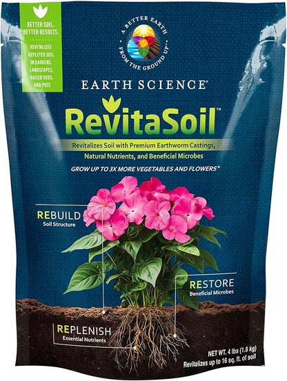 Earth Science RevitaSoil Soil Amendment, 4lb - Organic Soil Booster - Earthworm Castings, Worm Castings, Growth Enhancer, Nutrients - Grow 3X More Plants, Gardens, Landscapes, Raised Beds