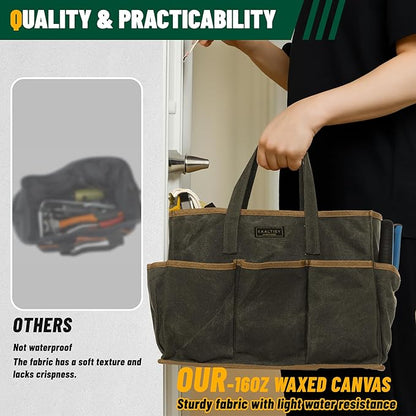 Tool Tote Bag, Heavy Duty 16oz Waxed Canvas Garden Tool Bag | Portable 11-Pocket Tool Storage Bag for Gardener Electrician Contractor Repairman (14"L x 5.5"W x 10.5"H) – Army Green