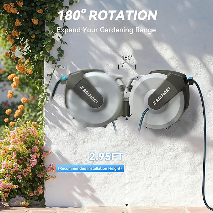 Retractable Garden Hose Reel 65 ft x 1/2 in, Heavy Duty Hose Reel Wall Mount with Any Length Lock, Auto Rewind System, 180° Swivel Bracket, 10-Pattern Garden Hose Nozzle, White & Grey