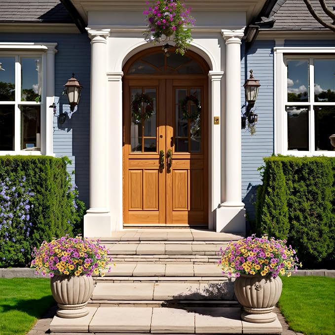 Artificial Silk Spring Flowers Hanging Basket for Outdoor Indoor, Daisy with Eucalyptus Leaves Arrangement for Yard Decor, Faux Green Plant in Metal Coconut Lining Pot(Purple Yellow)