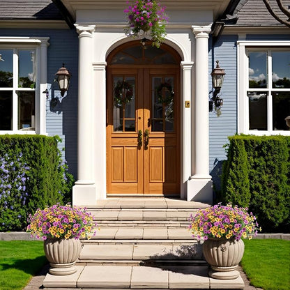 Artificial Silk Spring Flowers Hanging Basket for Outdoor Indoor, Daisy with Eucalyptus Leaves Arrangement for Yard Decor, Faux Green Plant in Metal Coconut Lining Pot(Purple Yellow)