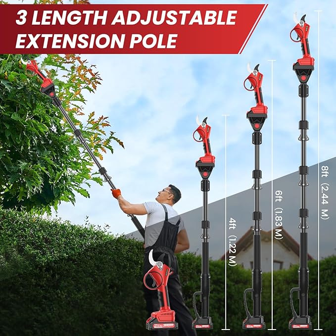 Electric Pruning Shears with Pole, 2-in-1 Cordless Pruning Shears 1.6" with SK7 Blade,8FT Reach,800W Brushless Motor,2 x 21V 2000 mAh Batteries,6–10Hs,Tree Branch Cutter for Gardening Pruning