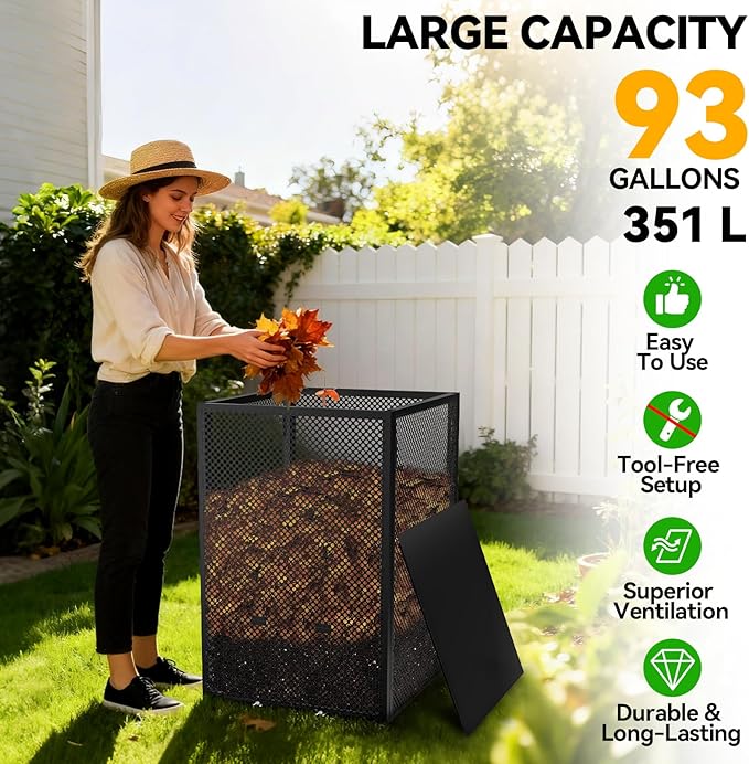Compost Bin Outdoor - Large 93-Gal Galvanized Steel Perforated Sheet Compost Bucket with Rust-Proof Coating, Heavy-Duty & Easy Assembly, Fast Creation of Fertile Soil, for Garden, Kitchen & Yard Waste