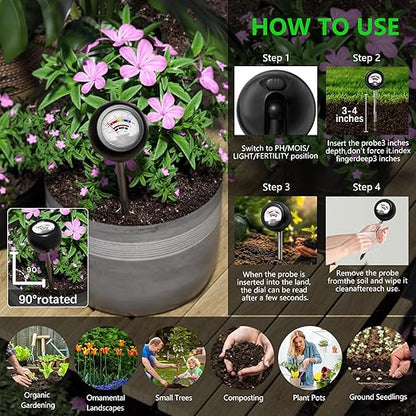 4-in-1 Soil Tester, Soil Moisture Meter/Soil PH Meter/Sun-Light/Fertility, Moisture Meter for Plants Gardening, Lawn, Farm (No Battery Required)