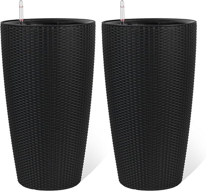 22" Tall Planter Set of 2, Large Self Watering Pots for Indoor/Outdoor Plants with Drain Holes, Water Level Monitor, Inner Bucket for Front Porch Patio, Black Rattan Conical