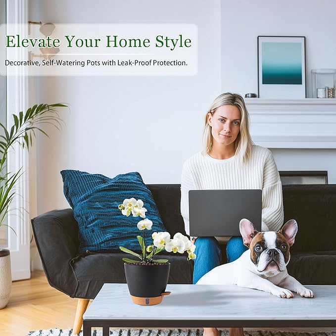 Self Watering Pots for Inoor Ourdoor Plants 8/7/6.5/6/5 Inch Plastic Planters with Drainage Holes & Water Level Indicator, Decorative House Flower Nursery Planting Pots with Saucers (Black)