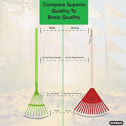 Leaf Rake, Red Kid Size Leaf Collector, Bulk Pack Gardening Rake, 24-Pack Plastic Rakes with Wood Handle, by Superio