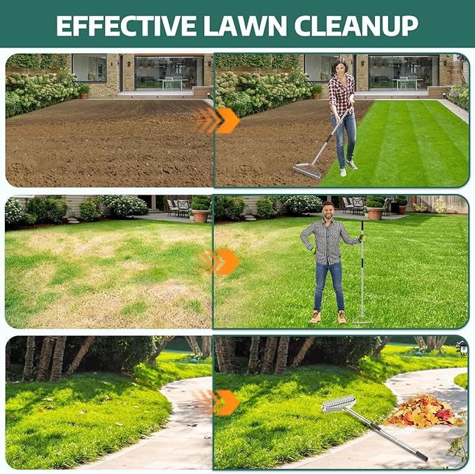 Thatch Rakes for Lawns,14.2-Inch Thatching Rake, All Stainless Steel Dethatcher Rake with Adjustable Handle and 2 Extra Replaceable Blades,Heavy Duty Rakes for Cleaning Dead Grass and Loosening Soil