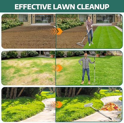 Thatch Rakes for Lawns,14.2-Inch Thatching Rake, All Stainless Steel Dethatcher Rake with Adjustable Handle and 2 Extra Replaceable Blades,Heavy Duty Rakes for Cleaning Dead Grass and Loosening Soil