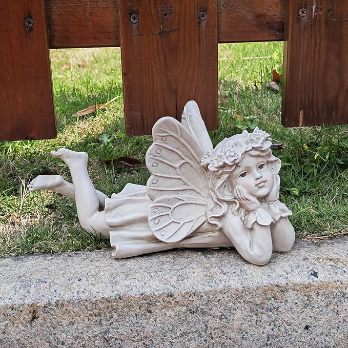 Lying Fairy Garden Statue – Resin Outdoor Fairy Figurine for Yard or Patio, Garden Angel Decor for Outside, Whimsical Fairy Ornament 9.84” L