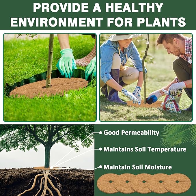 ZeeDix 4 Pack Coconut Fiber Mulch Ring, 18 Inch Coco Coir Tree Ring Mulch Mat, 100% Natural Tree Protector Mat Plant Cover Ring Coconut Coir Discs Tree Mats Mulch Rings for Indoor Outdoor Trees Plants