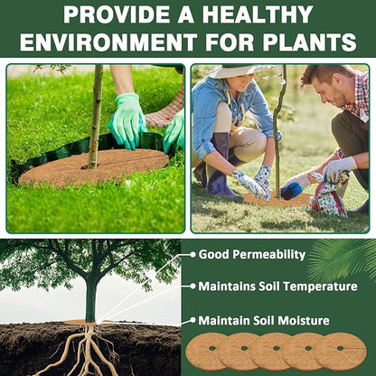 ZeeDix 4 Pack Coconut Fiber Mulch Ring, 18 Inch Coco Coir Tree Ring Mulch Mat, 100% Natural Tree Protector Mat Plant Cover Ring Coconut Coir Discs Tree Mats Mulch Rings for Indoor Outdoor Trees Plants