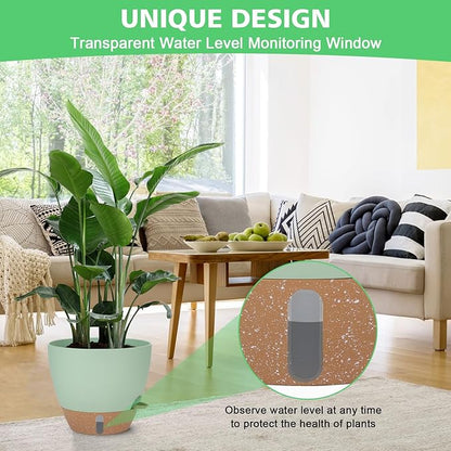 Self Watering Planter Set with Visual Water Level, 6Pack Small Plastic Pot with Drainage Holes and Reservoir Saucers, Modern 8+7+6.5+6+5.5+5 Inch Bottom Watering Flower Pots for Indoor Plant - Green