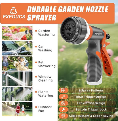 Garden Hose Nozzle Sprayer– this high heavy-duty spray nozzle offer 8 watering patterns for watering plants, lawns & gardens, washing cars, household cleaning and showering pets. (Grey Orange)