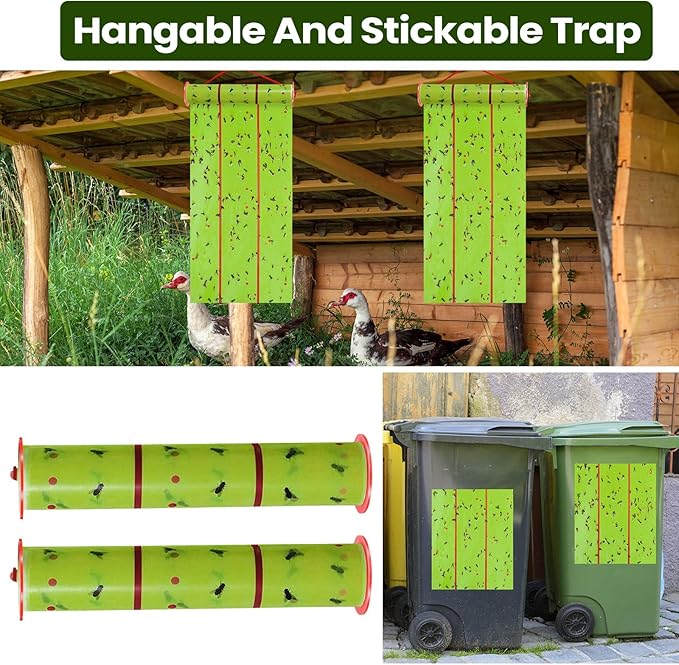 Qualirey Giant Sticky Fly Traps, Fly Strips for Indoor Outdoor Hanging Flying Tapes Non Toxic Ribbon Fruit Gnat Killer for Mosquito Plants House Horse Stable(30 ft,Fluorescent Green,2 Pcs)