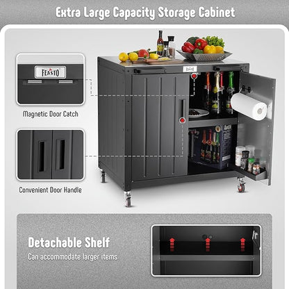 Grill Table, Outdoor Bar Cart Grill Cart with Storage Cabinet, Modular Outdoor Kitchen Island, Outdoor Grill Station with 304 Stainless Steel Top for Lawn & Garden, L35.4 x W24