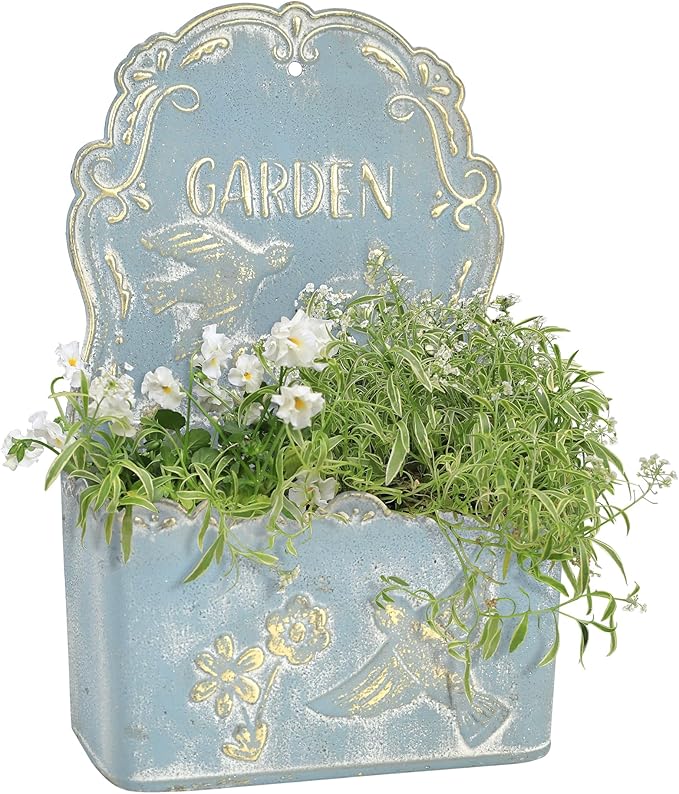 BIG FORTUNE Metal Wall Mount Planter Wall Vases for Flowers Shabby Chic Decor for Rustic Farmhouse Outdoor Decor (Blue)