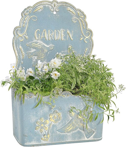 BIG FORTUNE Metal Wall Mount Planter Wall Vases for Flowers Shabby Chic Decor for Rustic Farmhouse Outdoor Decor (Blue)