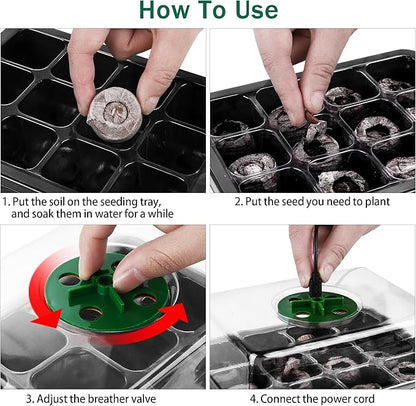 6 Pack Seed Starter Tray Kit with Grow Light and Humidity Dome Germination Trays with 72 Peat Pellets, Plant Labels, Gardening Tools, Plant Growing Trays for Seeds Growing Starting, Black
