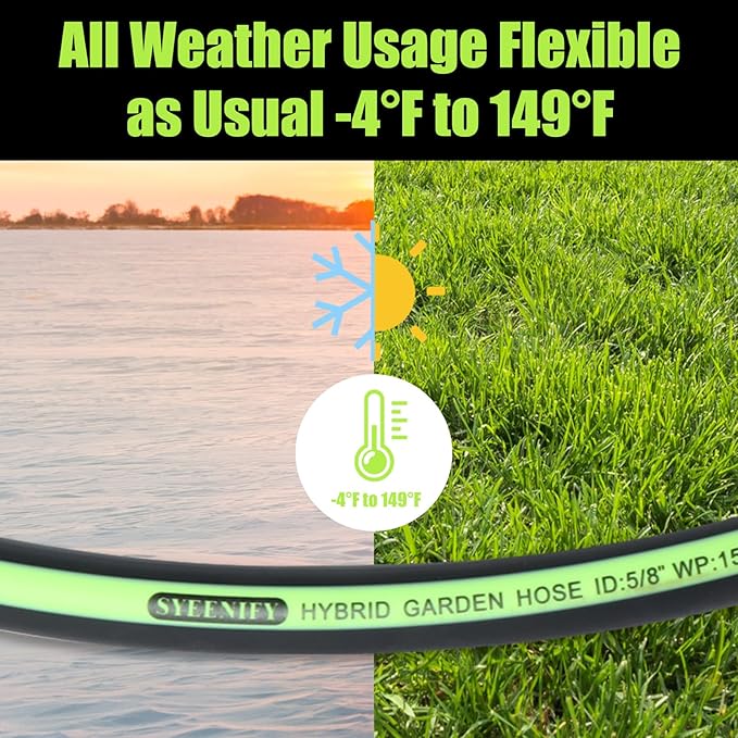 SYEENIFY Kink Free Garden Hose 25ft 5/8", Heavy Duty Hybrid Water Hose, Ultra Durable Flexible Rubber Hose with Sprayer Nozzle,Leakproof Yard Outdoor Hose with Brass Solid Connector