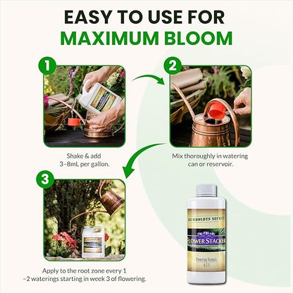 Humboldts Secret Flower Stacker | 0-7-5 Bloom Booster with Vitamin B1 | High Phosphorus Potassium Flowering Nutrients | Potting Soil Hydroponics Coco | Indoor & Outdoor Plants | 8 Ounce