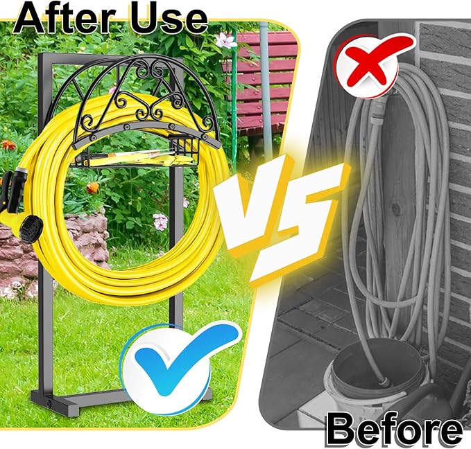 Garden Hose Holder Hanger Freestanding, Upgraded 4 Spikes Heavy Duty Storage Reel Stand with Storage Basket, Holds 150ft Hose for Outside Garden Yard Lawn vegetable patch