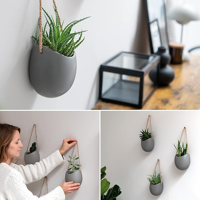 Kazai. Wall Planters -Ellie- | Hanging Ceramic Plant Pots 3 Pieces | Wall Decoration for Indoors, Balcony and Garden | Grey (Matte)
