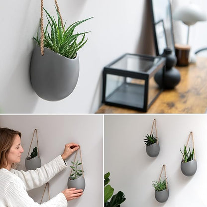 Kazai. Wall Planters -Ellie- | Hanging Ceramic Plant Pots 3 Pieces | Wall Decoration for Indoors, Balcony and Garden | Grey (Matte)