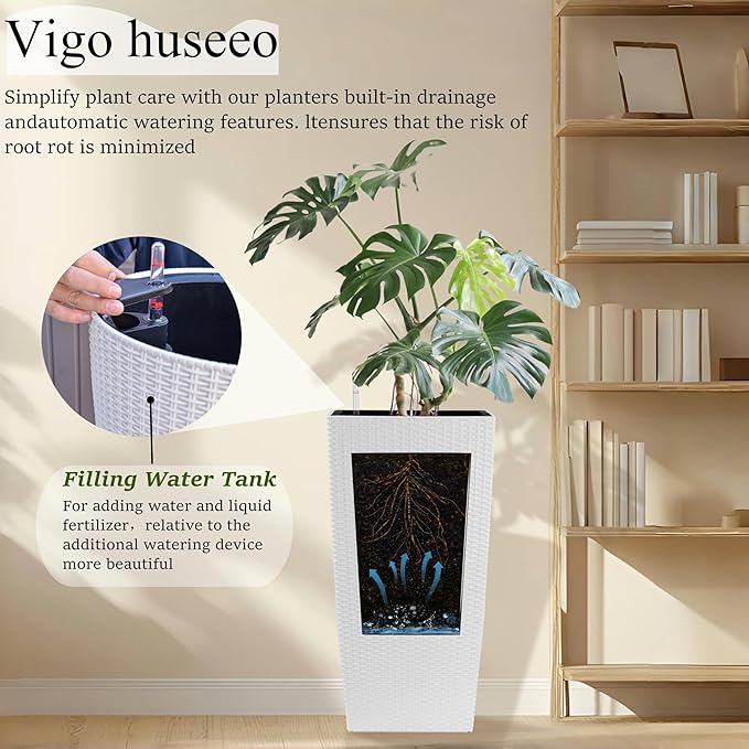 30in Tall Planter, Self Watering Pots for Indoor/Outdoor Plants with Drain Holes, Water Level Monitor, Inner Bucket for Front Porch Patio, White Large(1 Set)