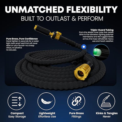 TITAN Flexible Garden Hose 50FT – Ultra Lightweight, Heavy Duty Water Hose with Brass Fittings & Jet Nozzle – Kink-Free, Non-Expanding, Durable Fabric Hose for Yard, Lawn, Car Wash, Outdoor Use