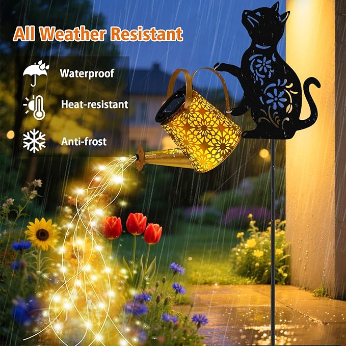 Solar Lights Outdoor, 2 Pack Black Cat Solar Watering Can Lights, Birthday Gifts for Women Mom Cat Lover Mother's Day Christmas, Waterproof Hanging Lantern Garden Decor Outside Patio Yard Pathway
